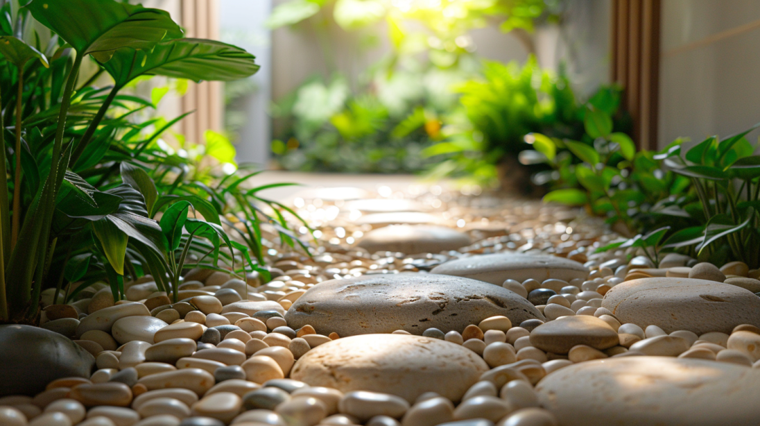 pedras e seixos em um jardim interno em uma sala