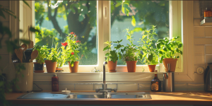 pequenos vasos de plantas no peitoril da janela da cozinha