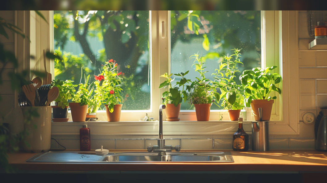 pequenos vasos de plantas no peitoril da janela da cozinha